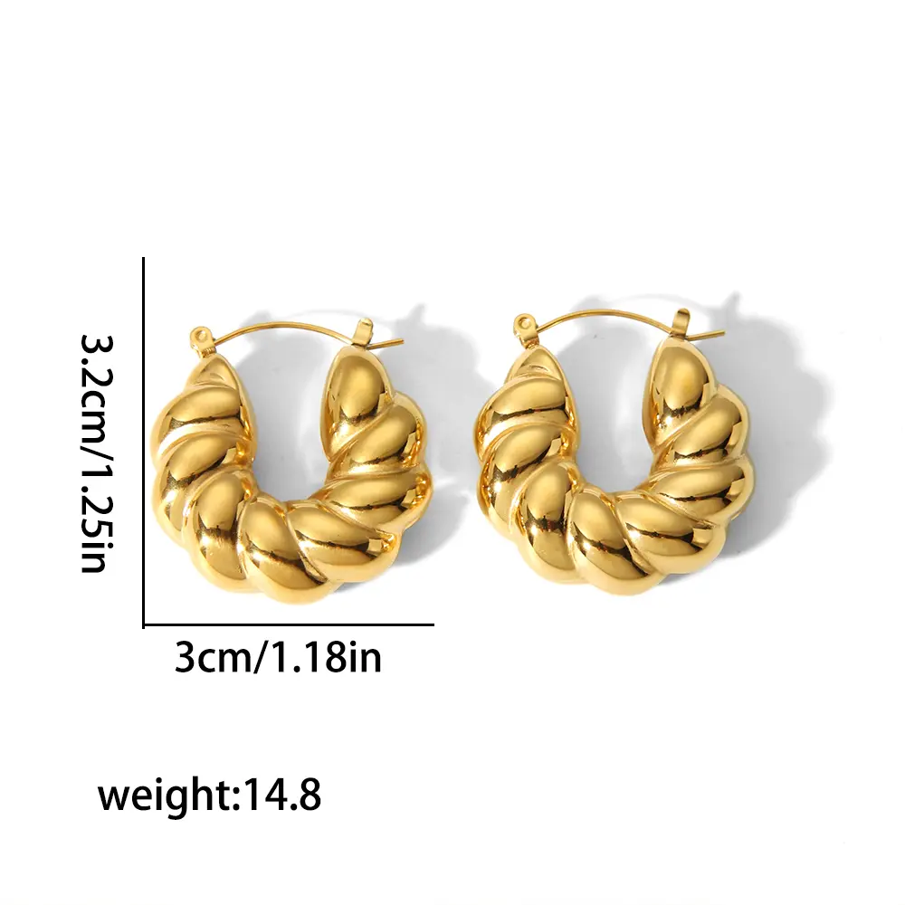 1 Pair Classic Style Chunky Braid C Shape Stainless Steel 18K Gold Plated Women's Hoop Earrings h5 Picture2